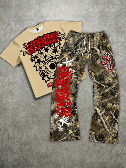 Manfinity Roughcore Men's Letter & Pentagram Print Loose Short Sleeve T-Shirt And Pants Set Camo 2 Piece Set Men