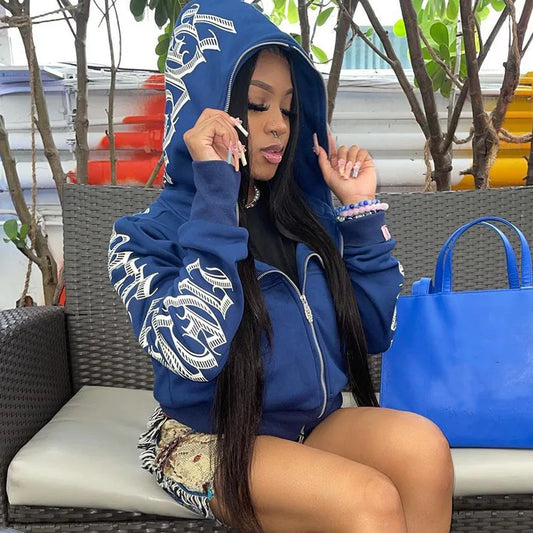 New 2026 Winter Letter Printed Zip Up Hoodie Streetwear Women Cyber Jackets Cardigan Gothic Punk Clothes Sweatshirts