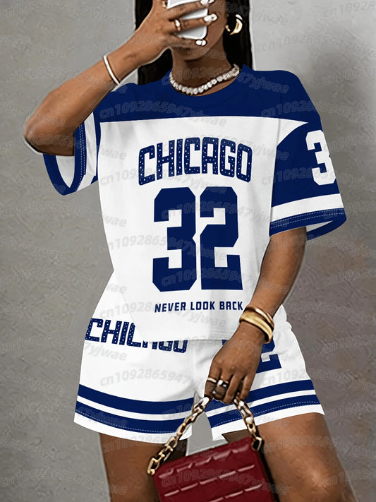 CHICAGO NO.32 print  men WOMEN Casual Suit Women's T-Shirt + Shorts Women Tracksuit 2 Pieces Set Women T-SHIRT SETS