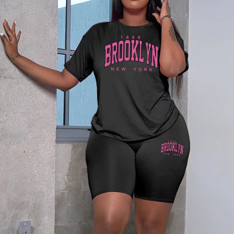 2026 Women's Summer Sportswear 2pcs Set Round Neck T-shirts Tight Shorts Ladies Home Outdoor Versatile Casual Sports Outfits