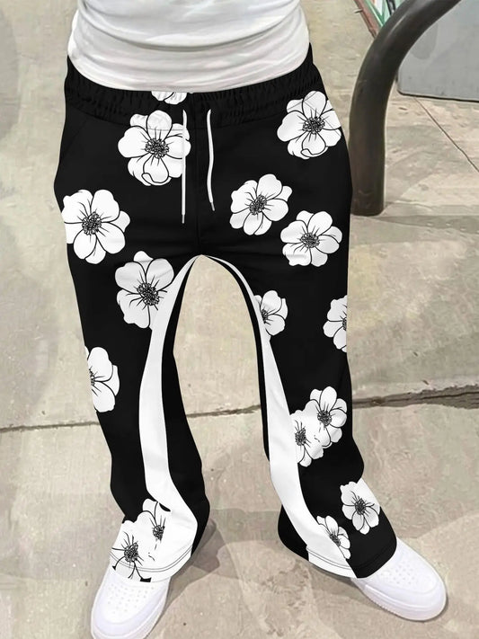 Men's Geometric Patchwork Casual Pants Summer Beach Vacation Loose Straight Trousers, Drawstring Waist Comfy Loungewear Kids