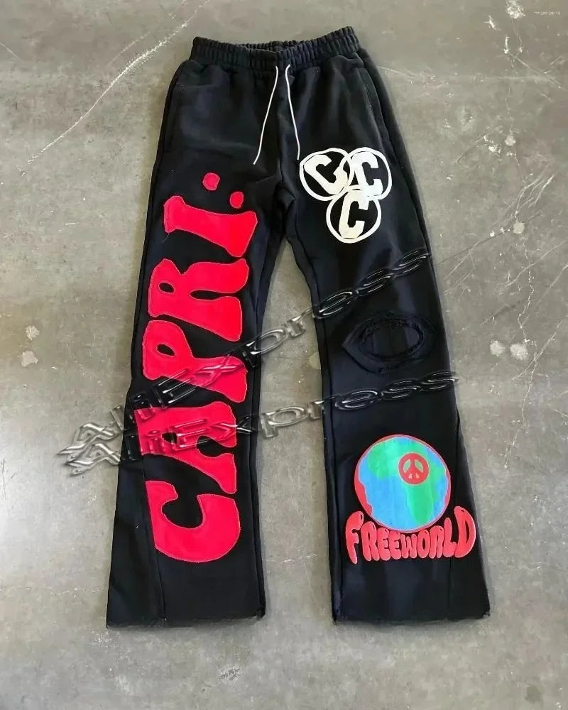 Retro Y2K 3D Printed Capri Flared Sweatpants for Men Baggy Elastic Waist Casual Hip Hop Joggers Women's Fashion Pants