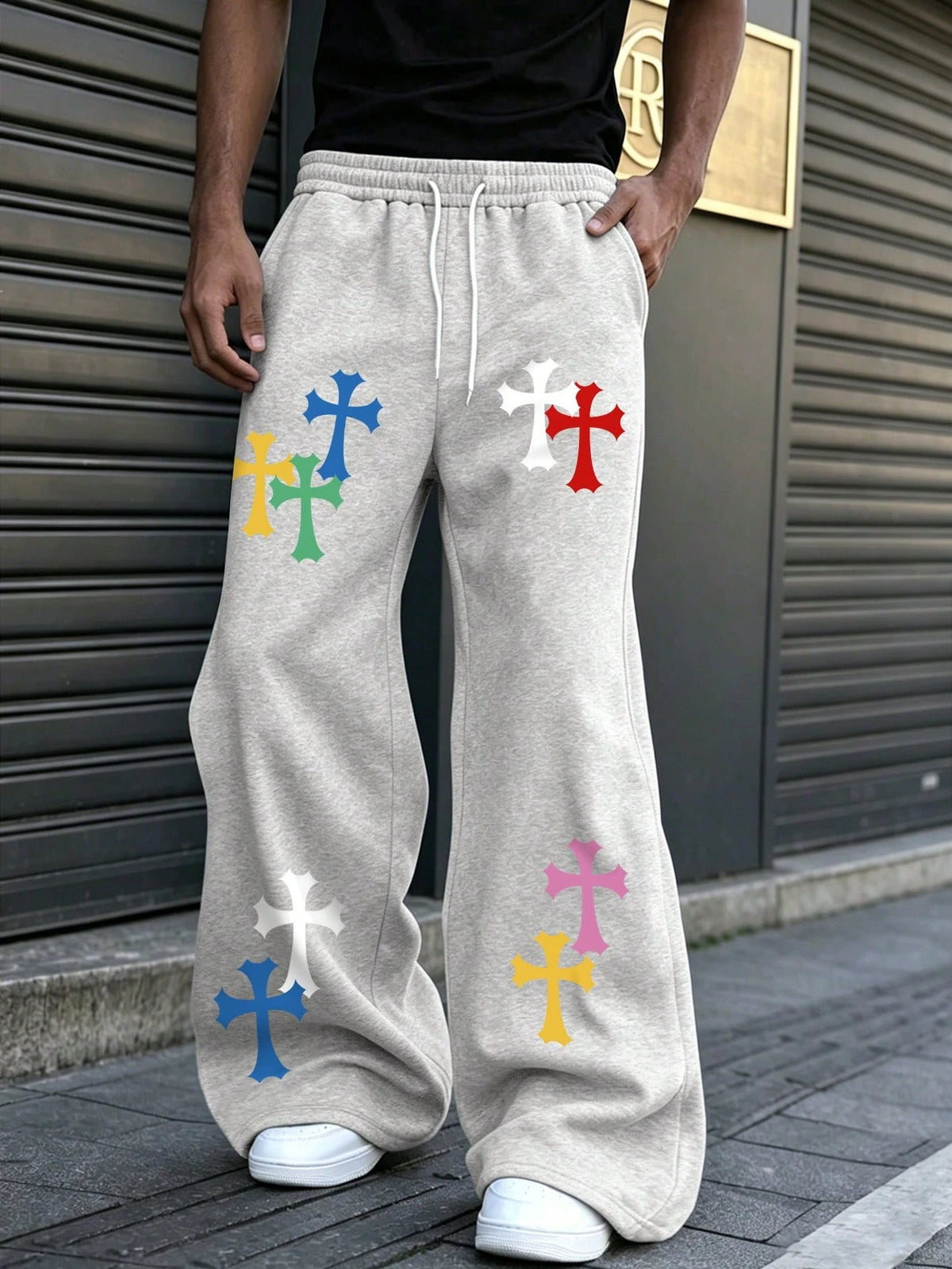 2026 Gothic Hip Hop Casual Sweat Trousers, Quick Dry Multi Color Cross Symbol Print Heather Grey Straight Sports Bottoms Kids