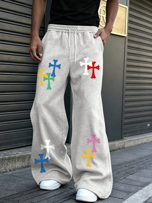 2026 Gothic Hip Hop Casual Sweat Trousers, Quick Dry Multi Color Cross Symbol Print Heather Grey Straight Sports Bottoms Kids