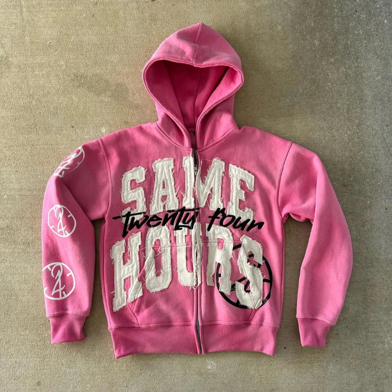 Letter Sticker Printed Street Hip-Hop Style Heavyweight Hooded Sweatshirt Cardigan Design High Street Jacket
