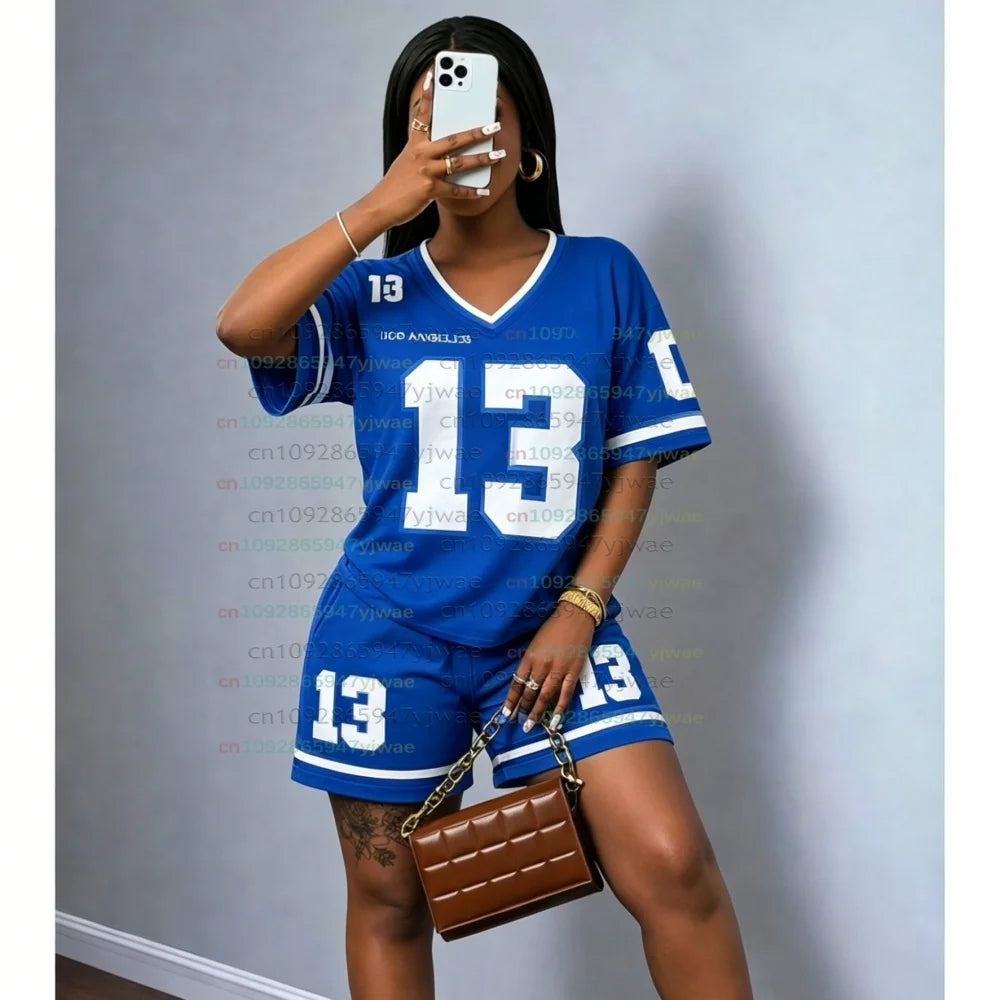 LOS ANGELES NO.13 print  men WOMEN Casual Suit Women's T-Shirt + Shorts Women Tracksuit 2 Pieces Set Women T-SHIRT SETS
