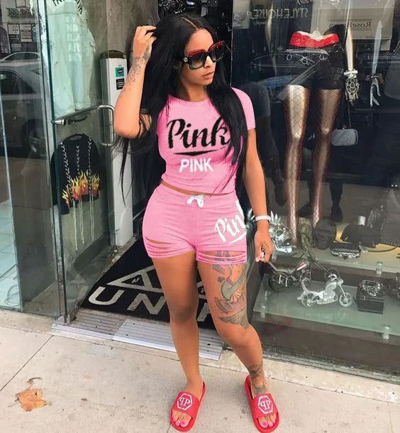 2026 Hot Selling European and American Women's Summer Pink Shorts Letter Print Burn Flower Sports Two-piece Set