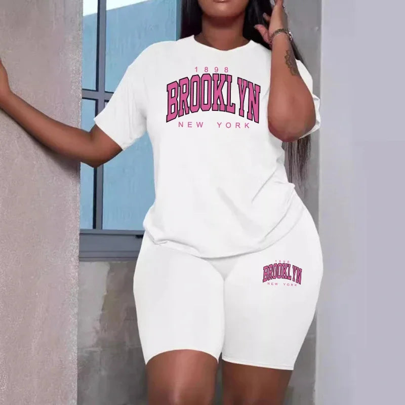 2026 Women's Summer Sportswear 2pcs Set Round Neck T-shirts Tight Shorts Ladies Home Outdoor Versatile Casual Sports Outfits
