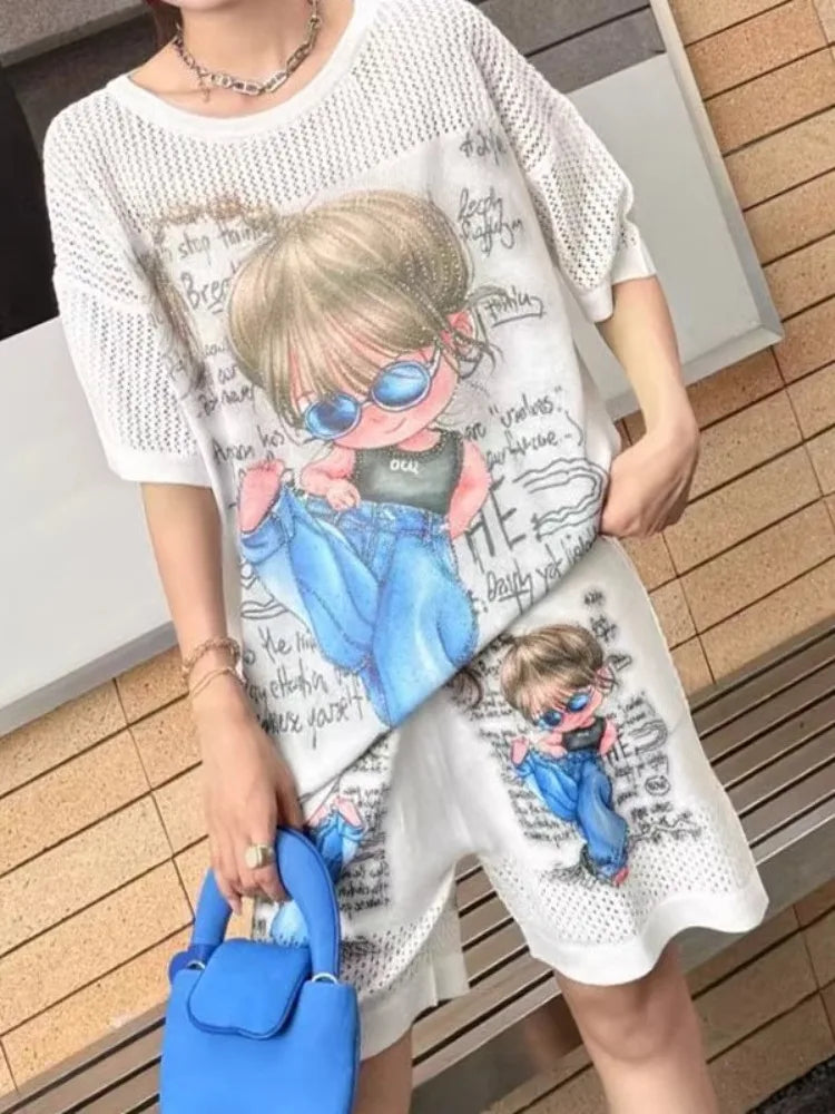 2025 Summer New Shorts Sets Printing Large Version Loose Hollow Cartoon Short-sleeved T-shirt and Shorts Two-piece Sets Women