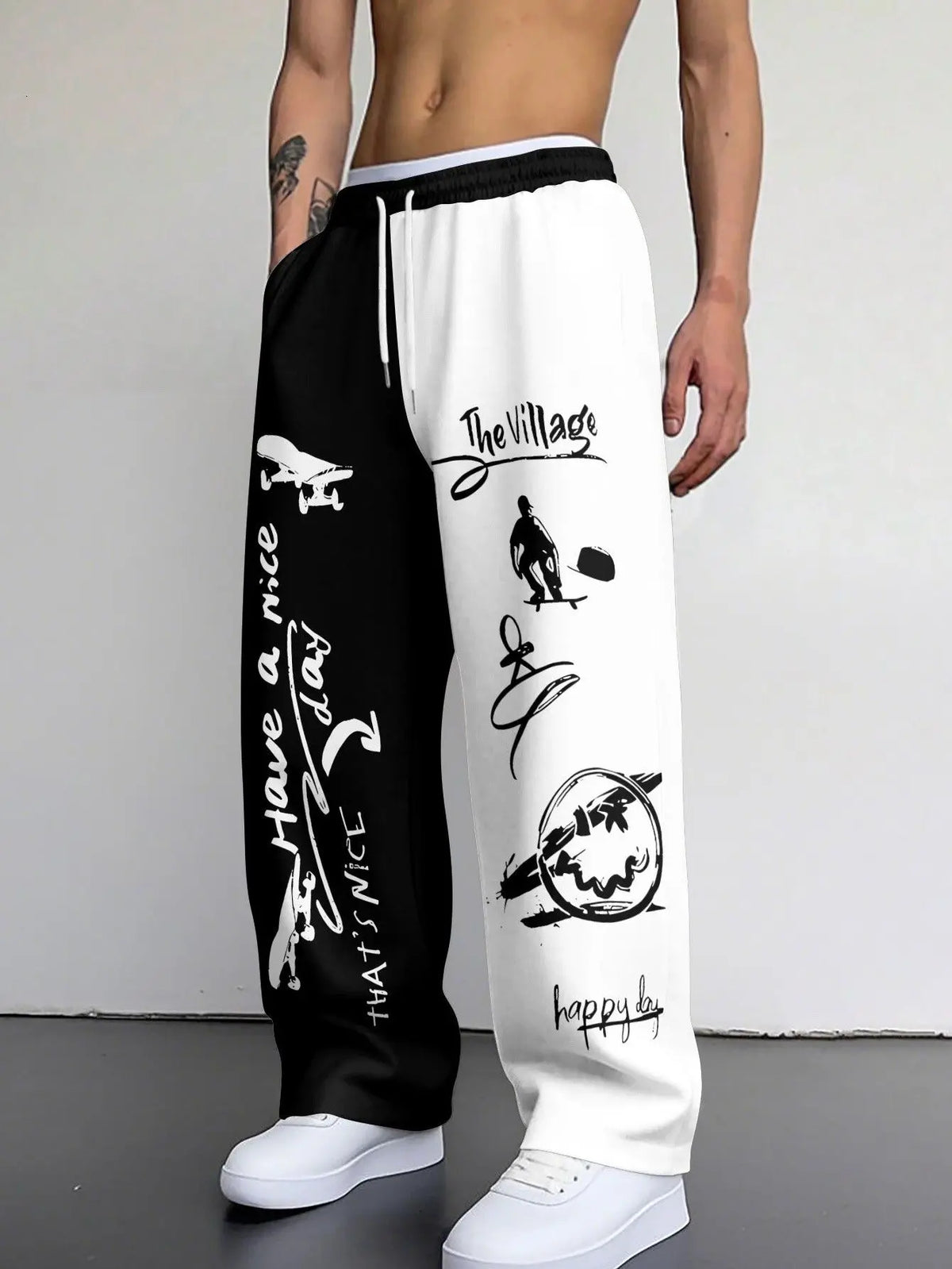 Men's Geometric Patchwork Casual Pants Summer Beach Vacation Loose Straight Trousers, Drawstring Waist Comfy Loungewear Kids