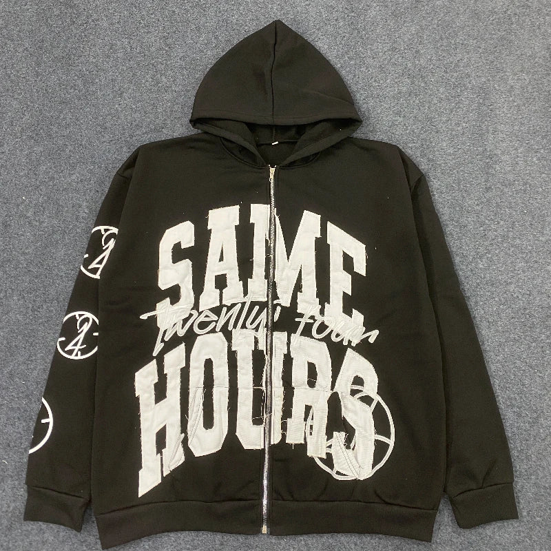 Letter Sticker Printed Street Hip-Hop Style Heavyweight Hooded Sweatshirt Cardigan Design High Street Jacket