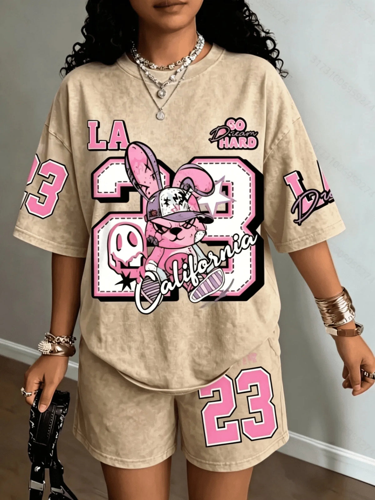 Street Casual Fashion Retro Trend Versatile 2026 Summer New Women's Short-Sleeved Short Pants Set with 3D Digital Pattern Print