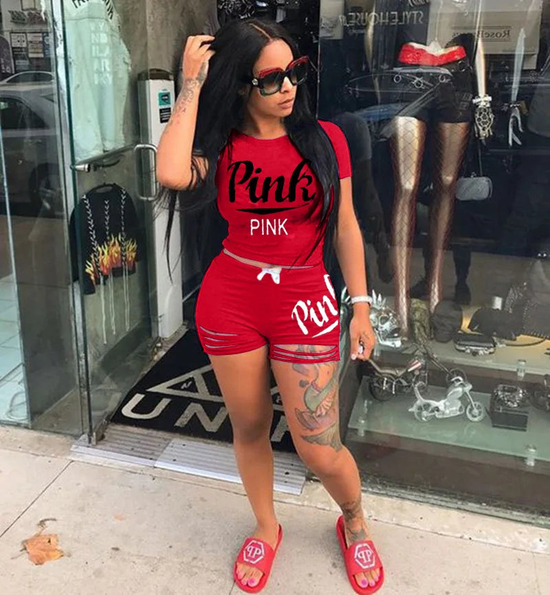 2026 Hot Selling European and American Women's Summer Pink Shorts Letter Print Burn Flower Sports Two-piece Set