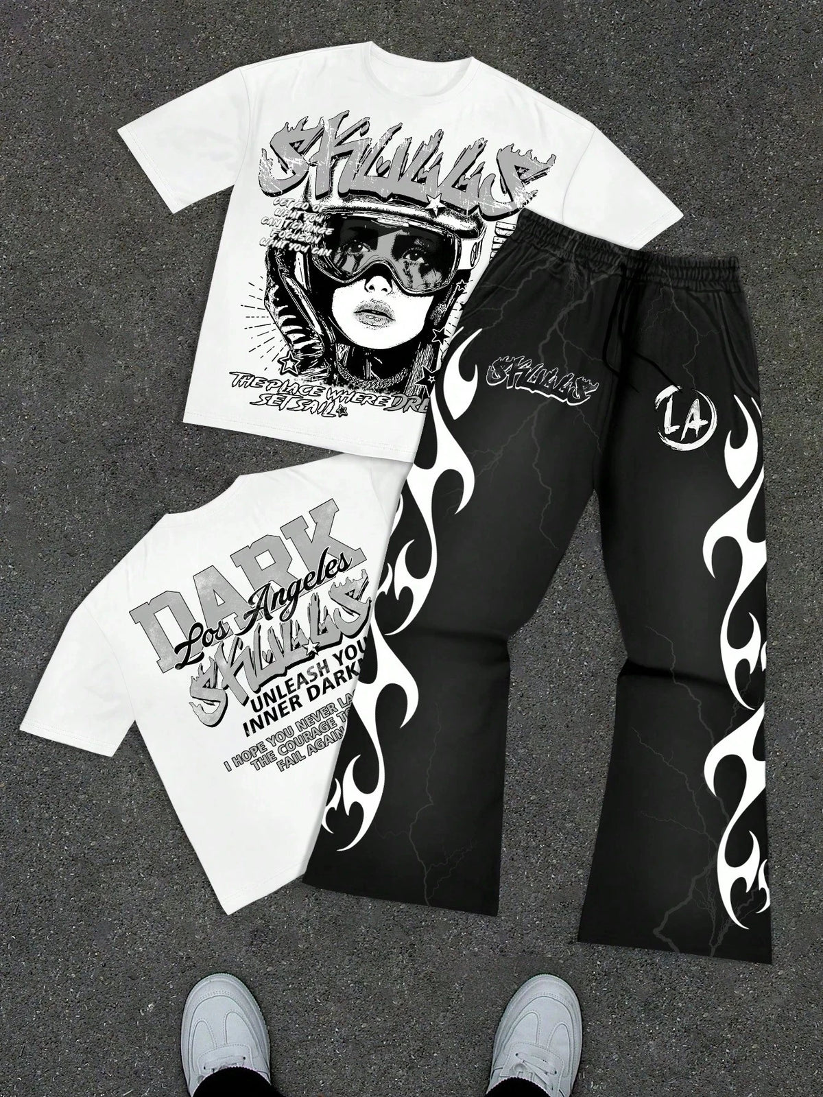 2pcs/Set Men Portrait & Letter Graphic Casual O-Neck Short Sleeve Tee Flared Leg Pants Summer Street Style Tee Flared Pants Set