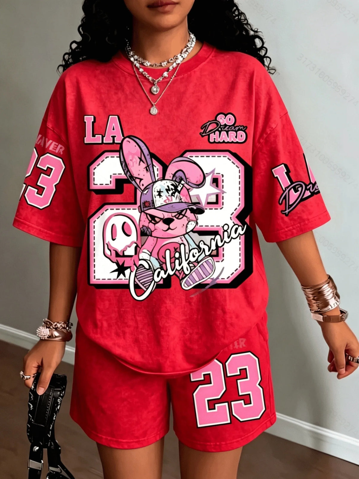 Street Casual Fashion Retro Trend Versatile 2026 Summer New Women's Short-Sleeved Short Pants Set with 3D Digital Pattern Print