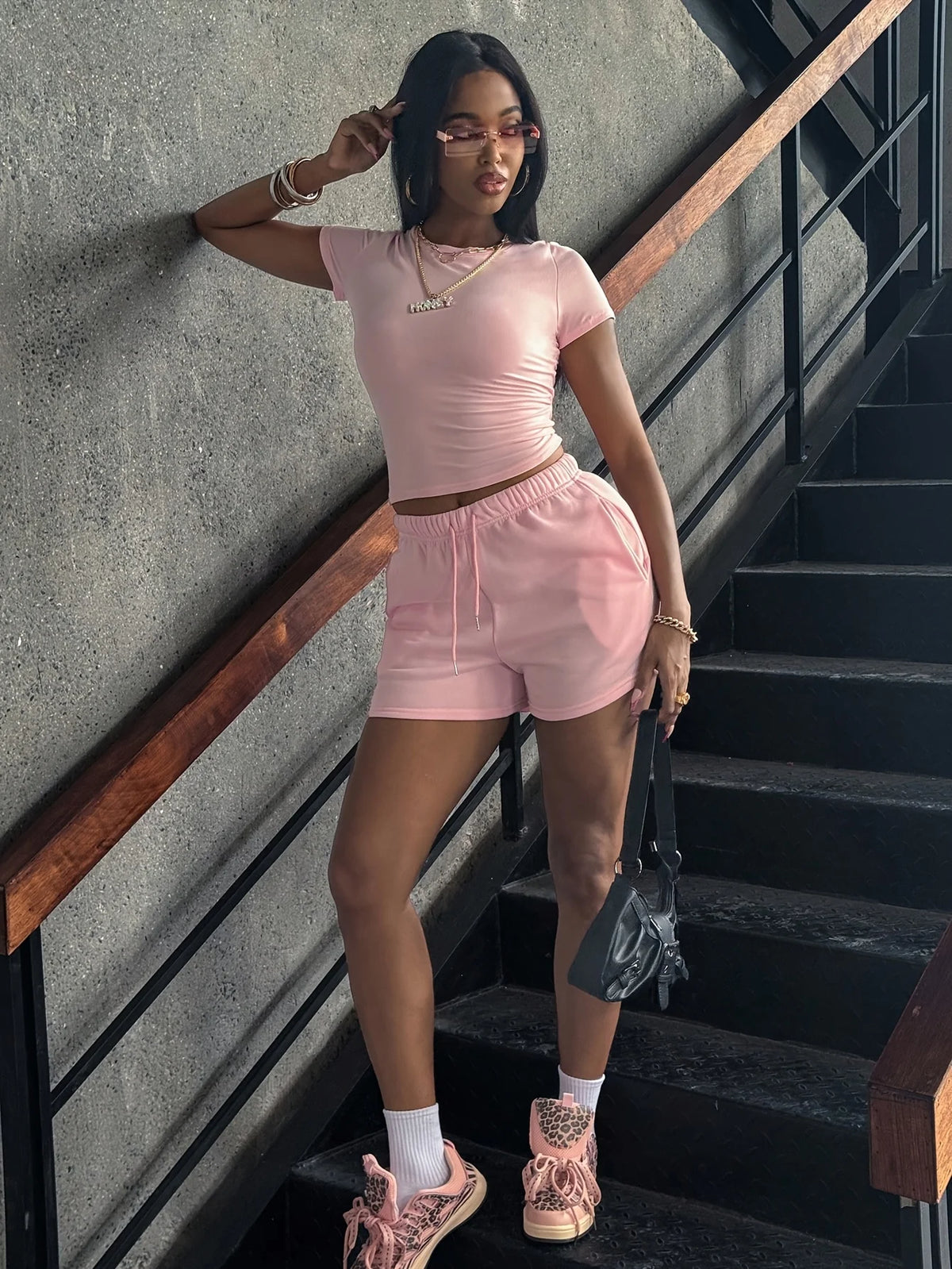 Two-piece set: crew neck short-sleeved T-shirt and drawstring waist casual shorts