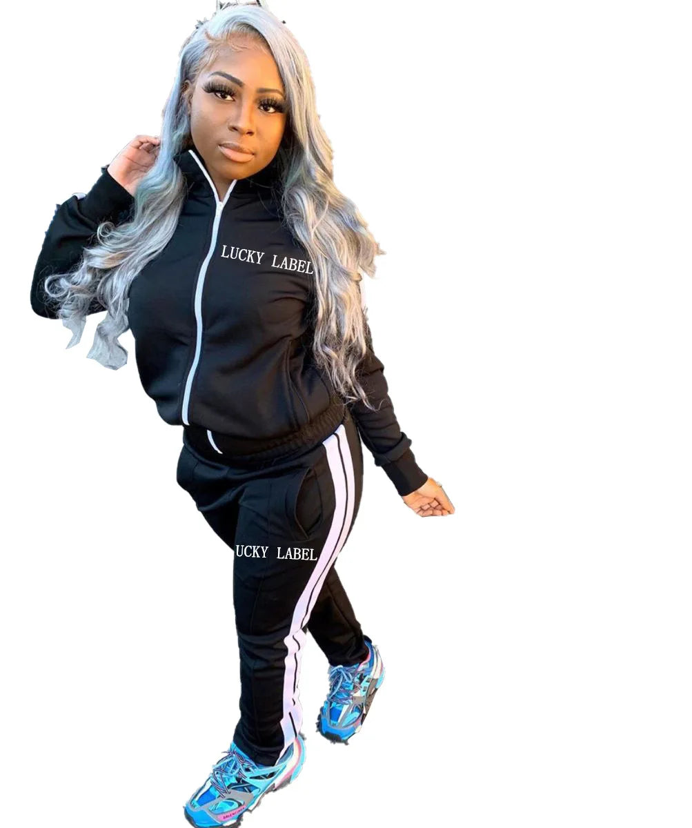 European And American Women's Fashion 2026 Letter Embroidered Zipper Sports Two-Piece Set