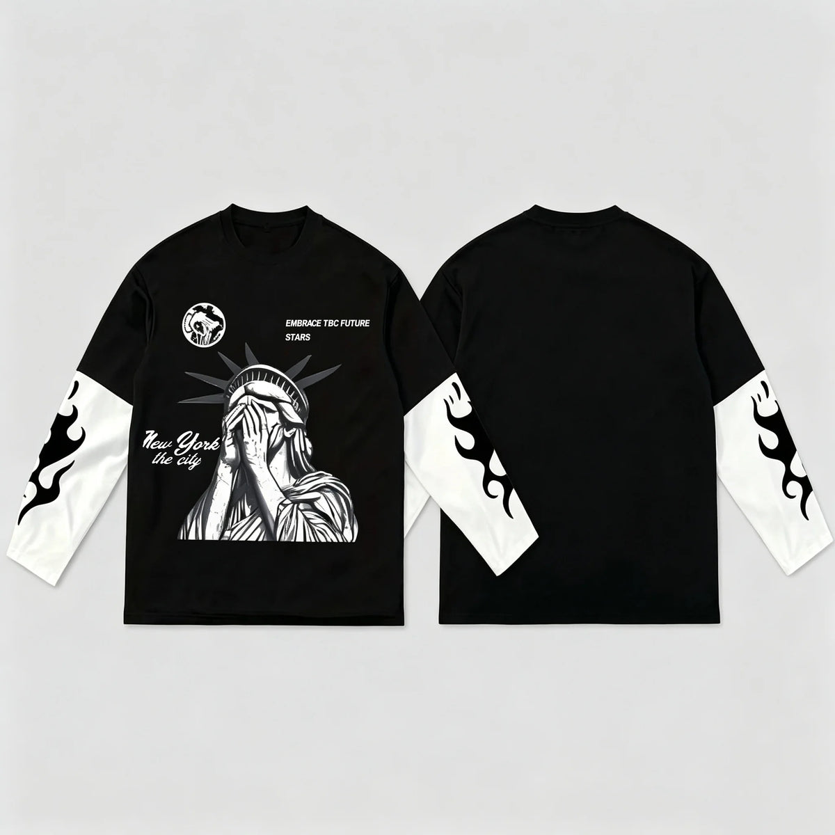 Unisex Men Women Long Sleeve T‑Shirt, Gothic Punk Statue Print Color Block Sleeve Tee Streetwear Casual Tops Harajuku T Shirts