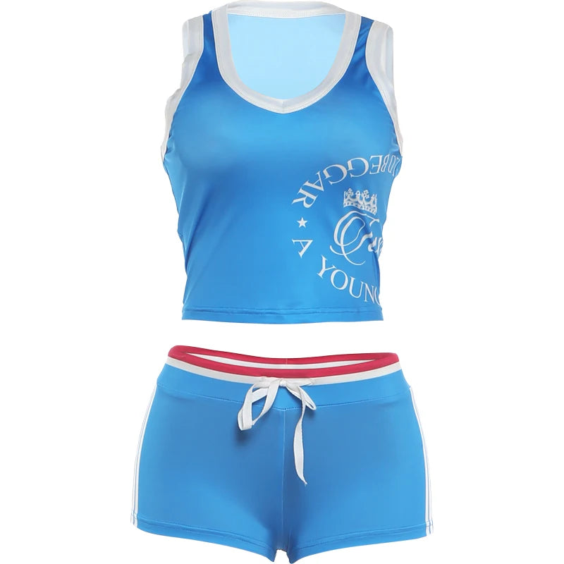 Weird Puss Color Blocking 2 Piece Set Women Letter Print Vest+Drawstring Classic Short Summer Fashion Sporty Style Matching Suit