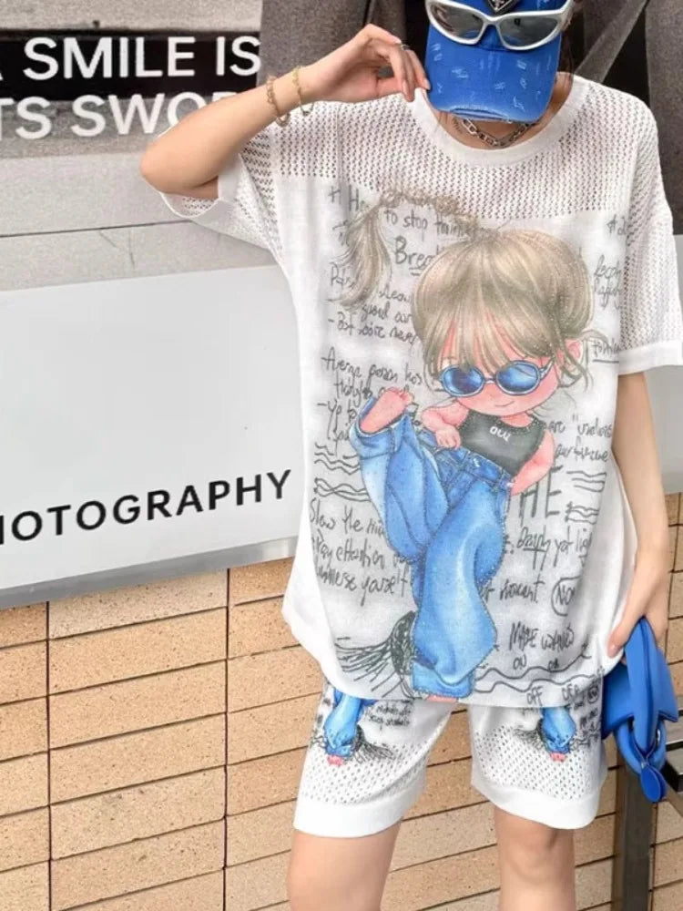 2025 Summer New Shorts Sets Printing Large Version Loose Hollow Cartoon Short-sleeved T-shirt and Shorts Two-piece Sets Women