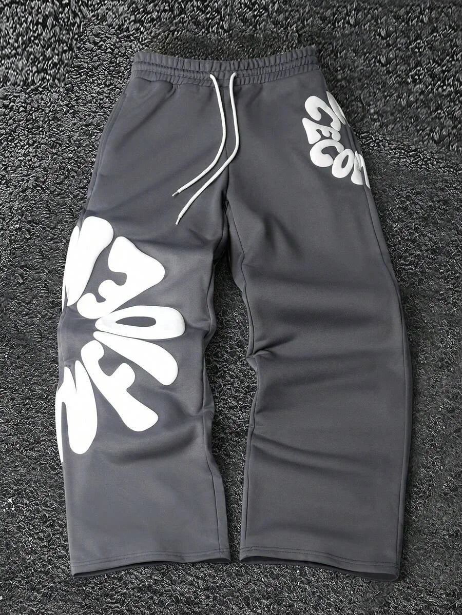 2026 Men's Soft Loose Fit Pants Grey White Bubble Letter Print Drawstring Elastic Waist Breathable Casual Streetwear Trousers
