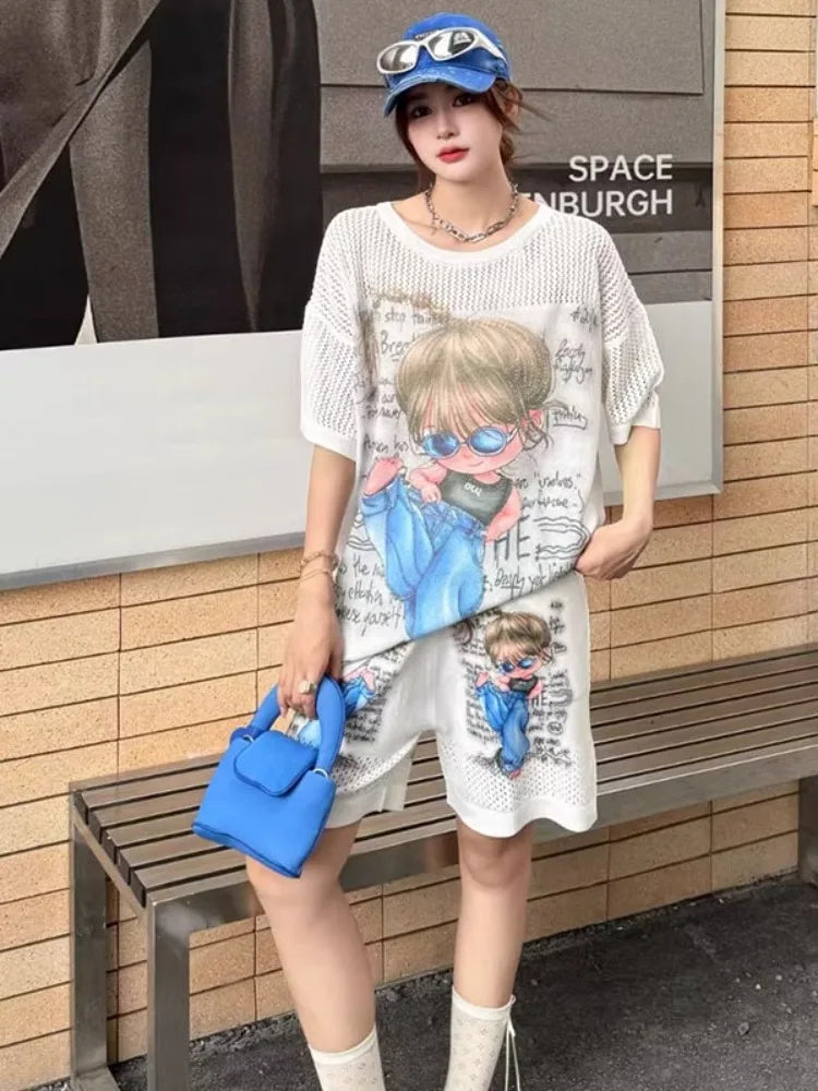 2025 Summer New Shorts Sets Printing Large Version Loose Hollow Cartoon Short-sleeved T-shirt and Shorts Two-piece Sets Women