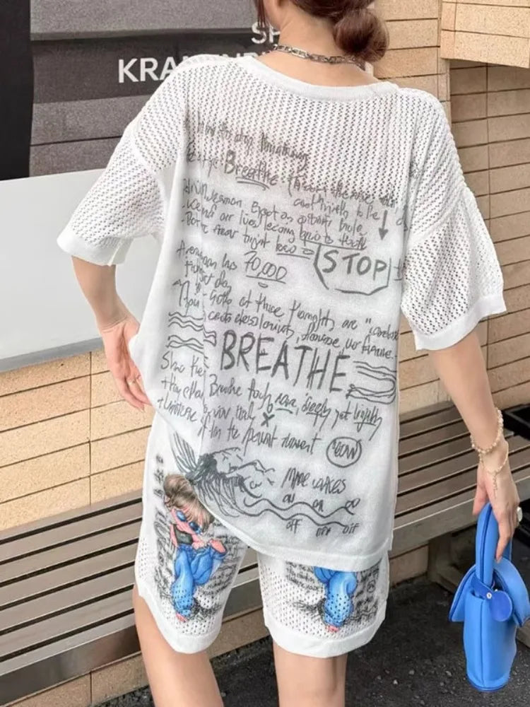 2025 Summer New Shorts Sets Printing Large Version Loose Hollow Cartoon Short-sleeved T-shirt and Shorts Two-piece Sets Women