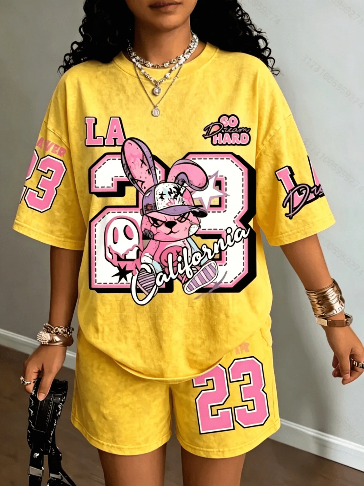 Street Casual Fashion Retro Trend Versatile 2026 Summer New Women's Short-Sleeved Short Pants Set with 3D Digital Pattern Print
