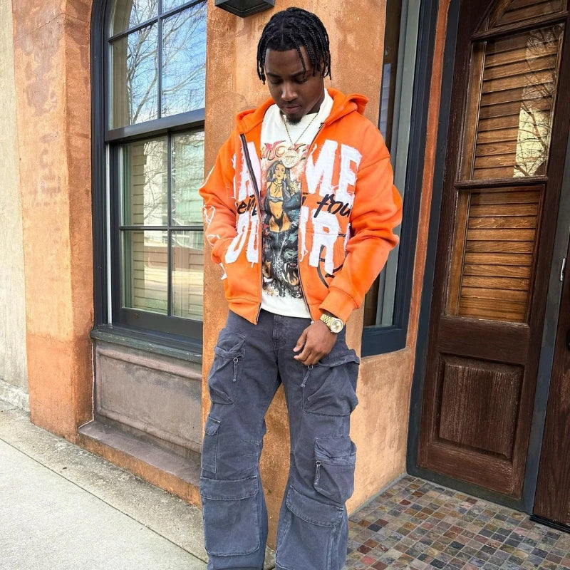 Letter Sticker Printed Street Hip-Hop Style Heavyweight Hooded Sweatshirt Cardigan Design High Street Jacket