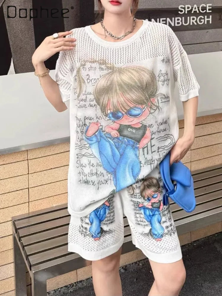2025 Summer New Shorts Sets Printing Large Version Loose Hollow Cartoon Short-sleeved T-shirt and Shorts Two-piece Sets Women