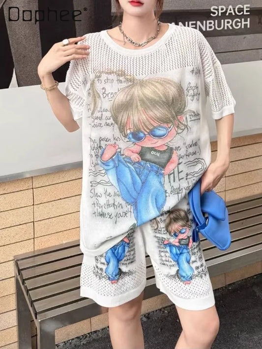 2025 Summer New Shorts Sets Printing Large Version Loose Hollow Cartoon Short-sleeved T-shirt and Shorts Two-piece Sets Women
