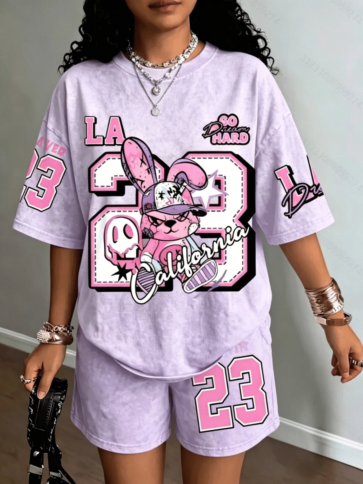 Street Casual Fashion Retro Trend Versatile 2026 Summer New Women's Short-Sleeved Short Pants Set with 3D Digital Pattern Print