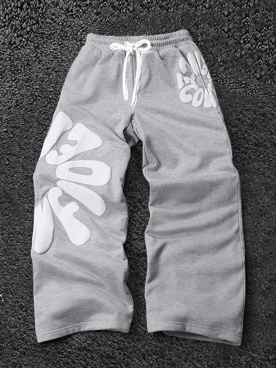 2026 Men's Soft Loose Fit Pants Grey White Bubble Letter Print Drawstring Elastic Waist Breathable Casual Streetwear Trousers