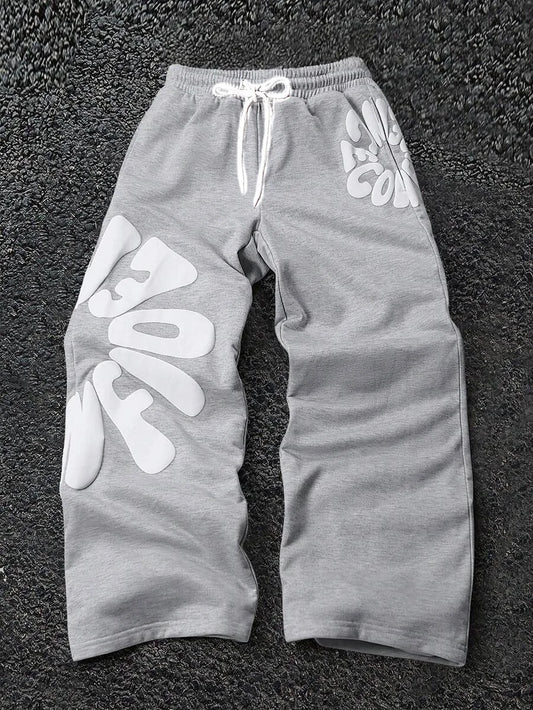 2026 Men's Soft Loose Fit Pants Grey White Bubble Letter Print Drawstring Elastic Waist Breathable Casual Streetwear Trousers