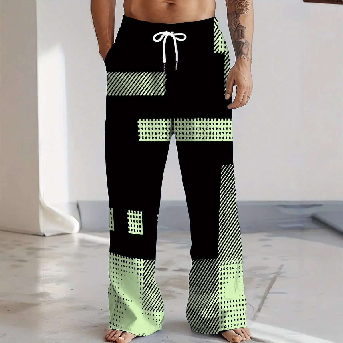 Men's Geometric Patchwork Casual Pants Summer Beach Vacation Loose Straight Trousers, Drawstring Waist Comfy Loungewear Kids