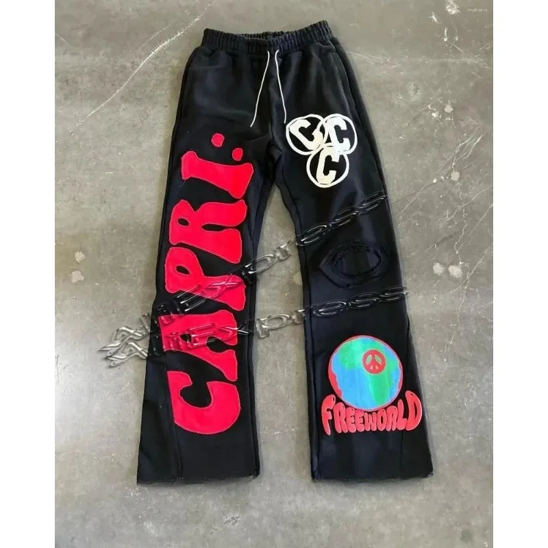 Retro Y2K 3D Printed Capri Flared Sweatpants for Men Baggy Elastic Waist Casual Hip Hop Joggers Women's Fashion Pants