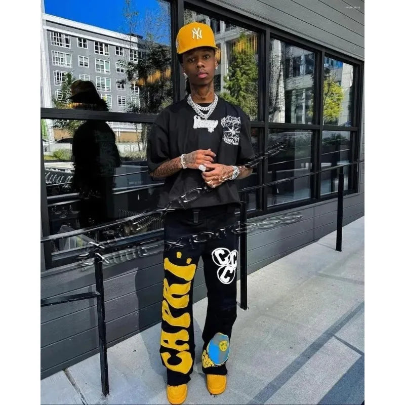Retro Y2K 3D Printed Capri Flared Sweatpants for Men Baggy Elastic Waist Casual Hip Hop Joggers Women's Fashion Pants