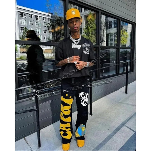Retro Y2K 3D Printed Capri Flared Sweatpants for Men Baggy Elastic Waist Casual Hip Hop Joggers Women's Fashion Pants