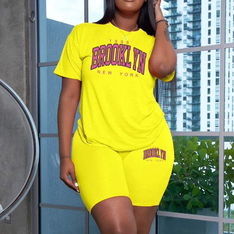 2026 Women's Summer Sportswear 2pcs Set Round Neck T-shirts Tight Shorts Ladies Home Outdoor Versatile Casual Sports Outfits