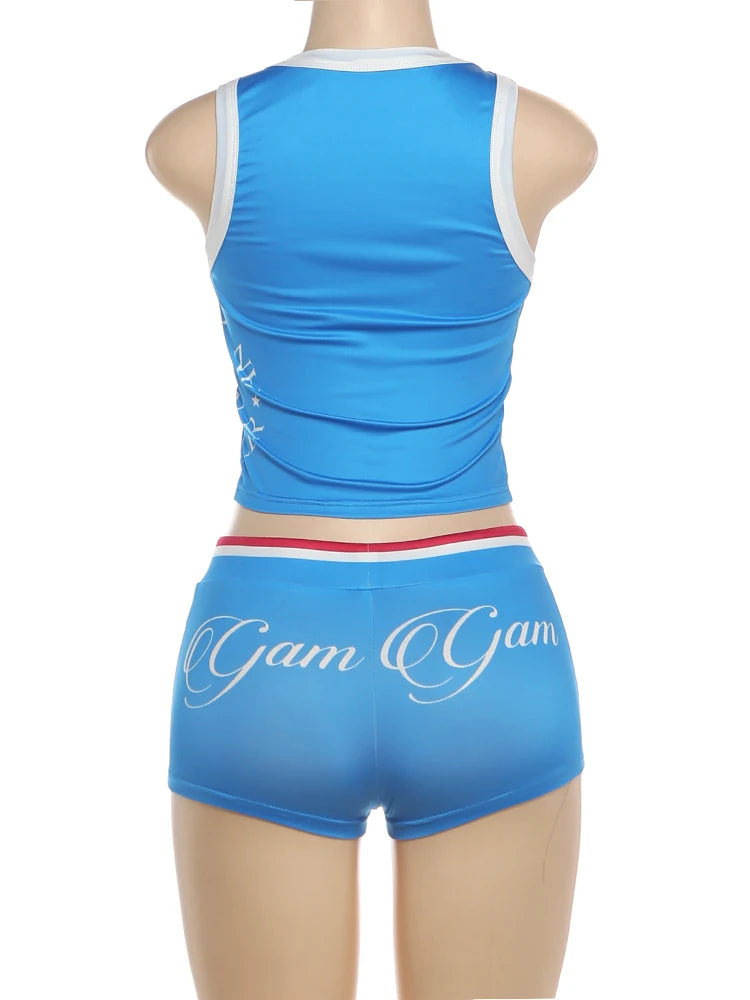 Weird Puss Color Blocking 2 Piece Set Women Letter Print Vest+Drawstring Classic Short Summer Fashion Sporty Style Matching Suit
