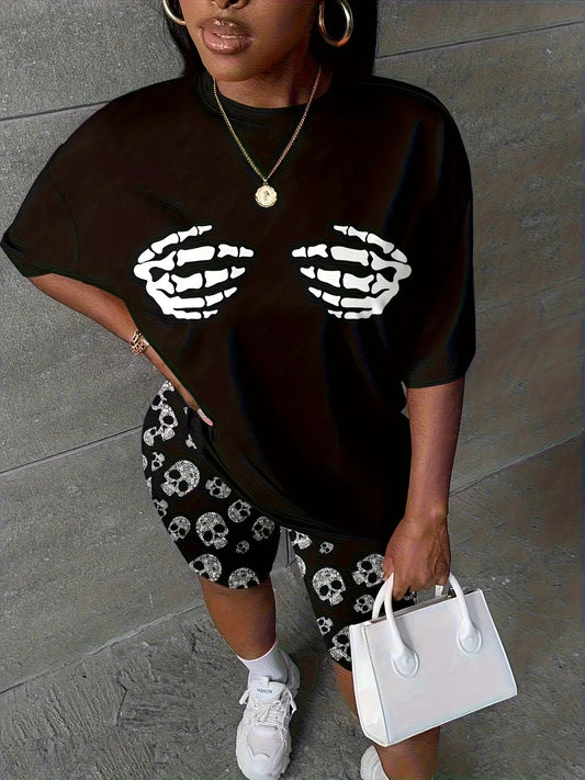2026 Summer Women's Suit Fashion Sporty Comfort Soft 3D Weird Skull Pattern Print Stylish and Versatile Casual Wear