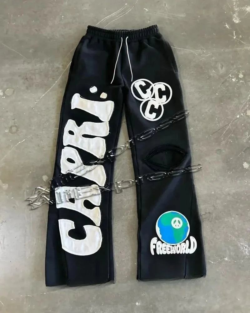 Retro Y2K 3D Printed Capri Flared Sweatpants for Men Baggy Elastic Waist Casual Hip Hop Joggers Women's Fashion Pants