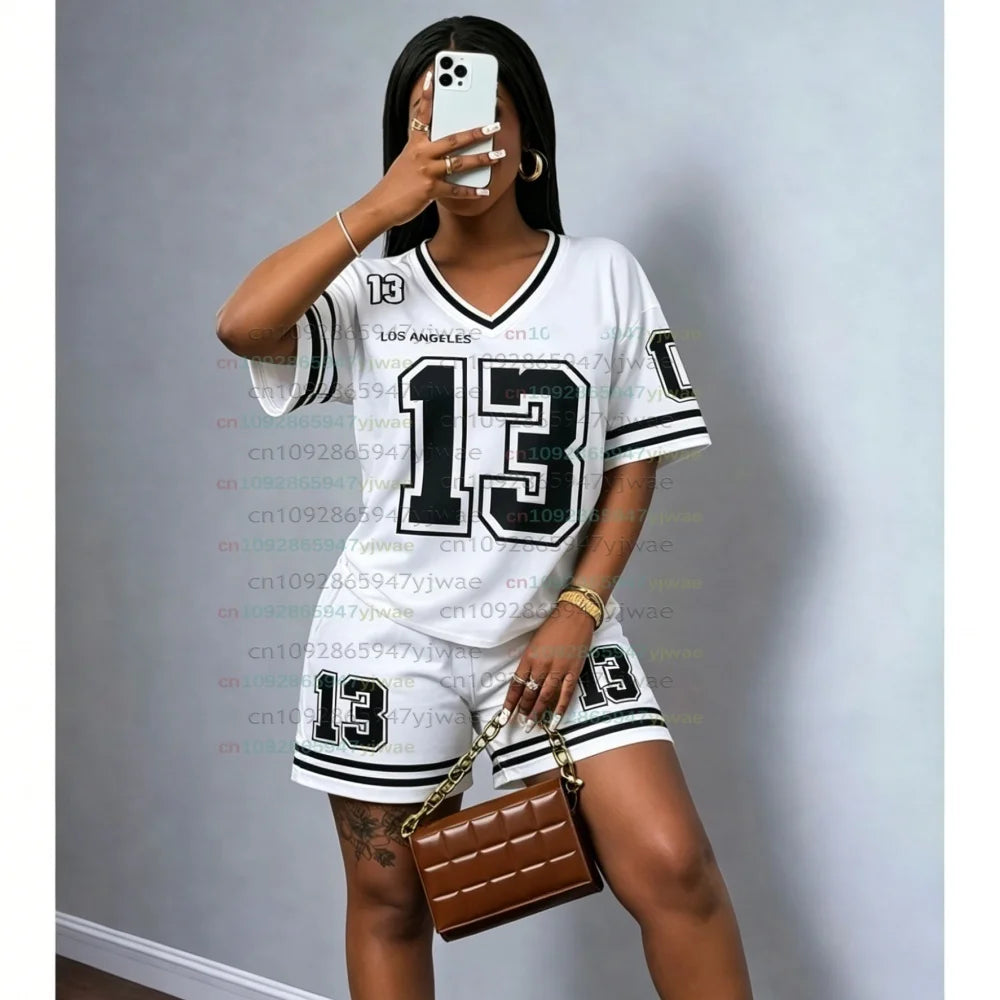 LOS ANGELES NO.13 print  men WOMEN Casual Suit Women's T-Shirt + Shorts Women Tracksuit 2 Pieces Set Women T-SHIRT SETS