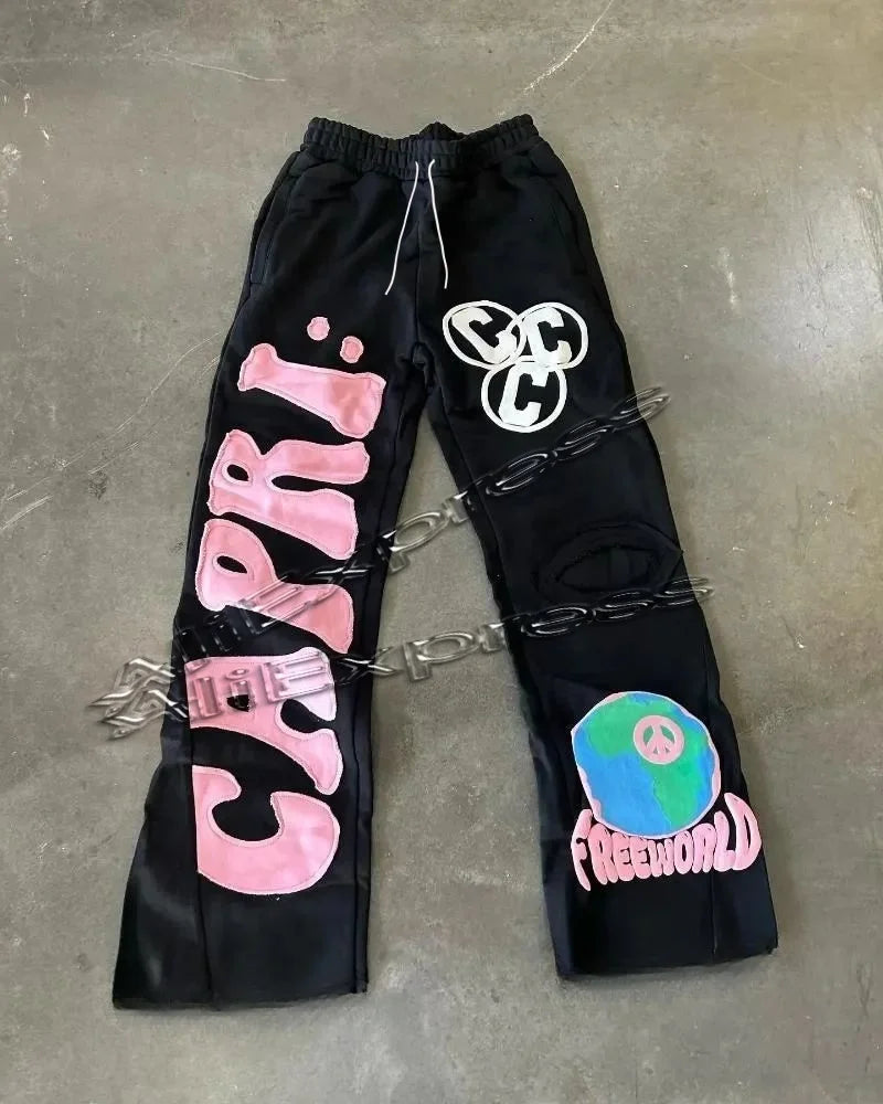 Retro Y2K 3D Printed Capri Flared Sweatpants for Men Baggy Elastic Waist Casual Hip Hop Joggers Women's Fashion Pants