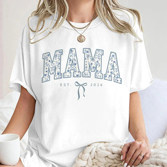 Vintage Floral MAMA EST 2026 T-Shirt Women Coquette Bow Print Casual Short Sleeve Tee New Fashion Mom Gift