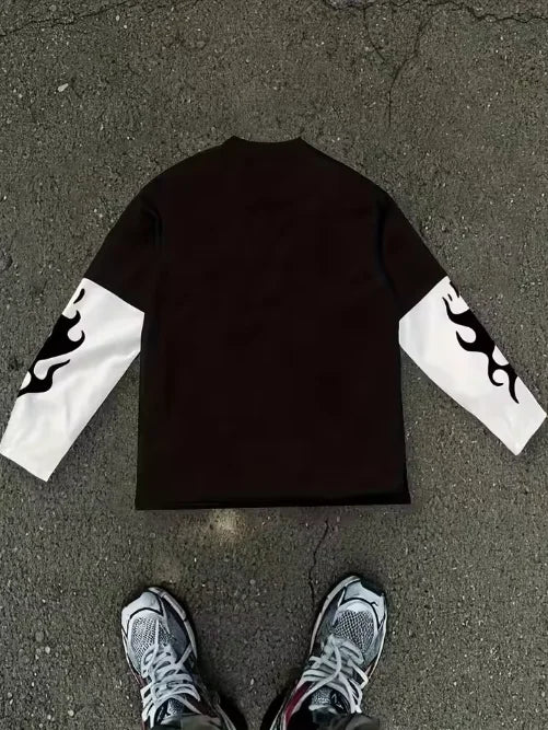 Unisex Men Women Long Sleeve T‑Shirt, Gothic Punk Statue Print Color Block Sleeve Tee Streetwear Casual Tops Harajuku T Shirts