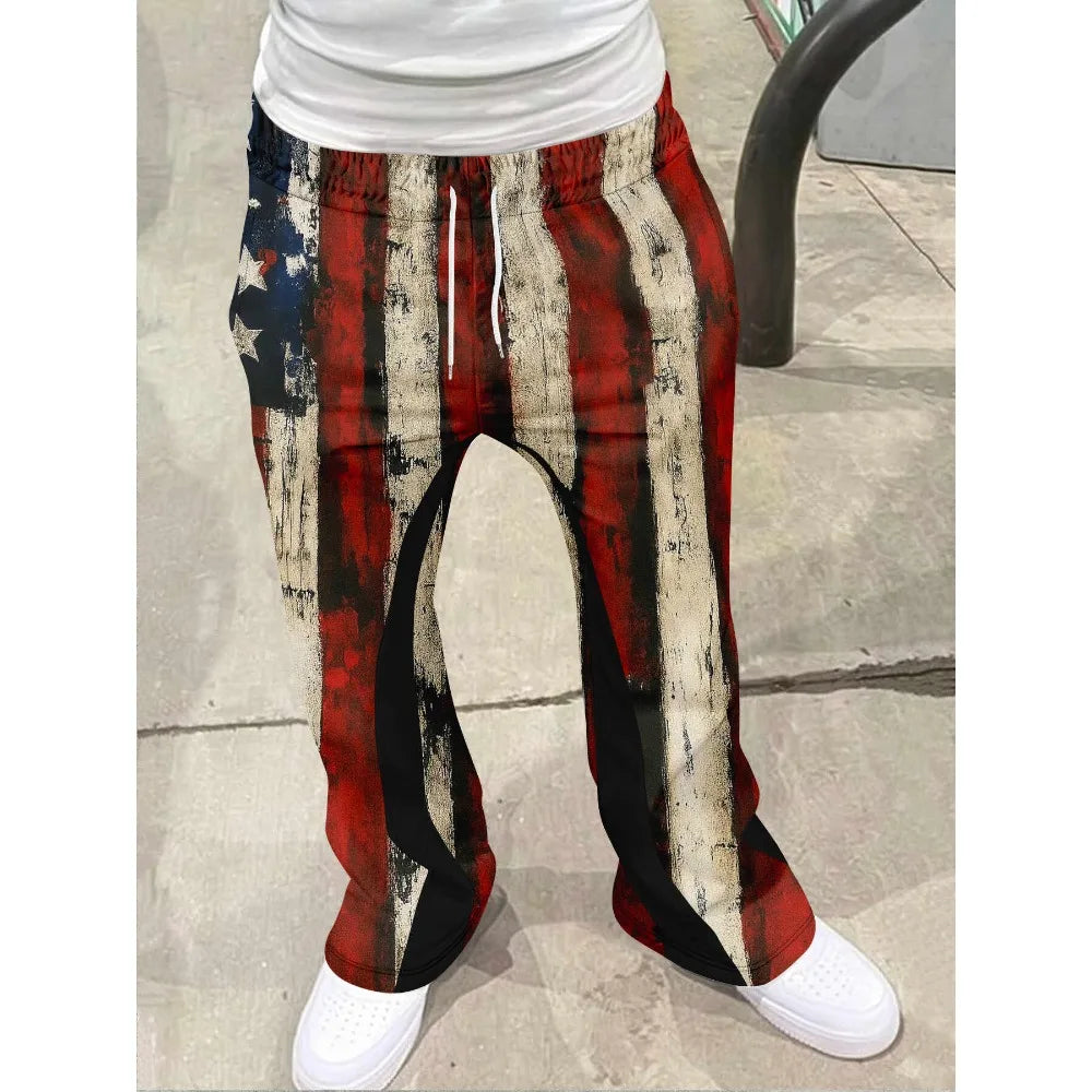 Men's Casual Street Style Trendy Cross Print Fashionable Slightly Flared Black and White Color-Block Design Sweatpants Men Pants
