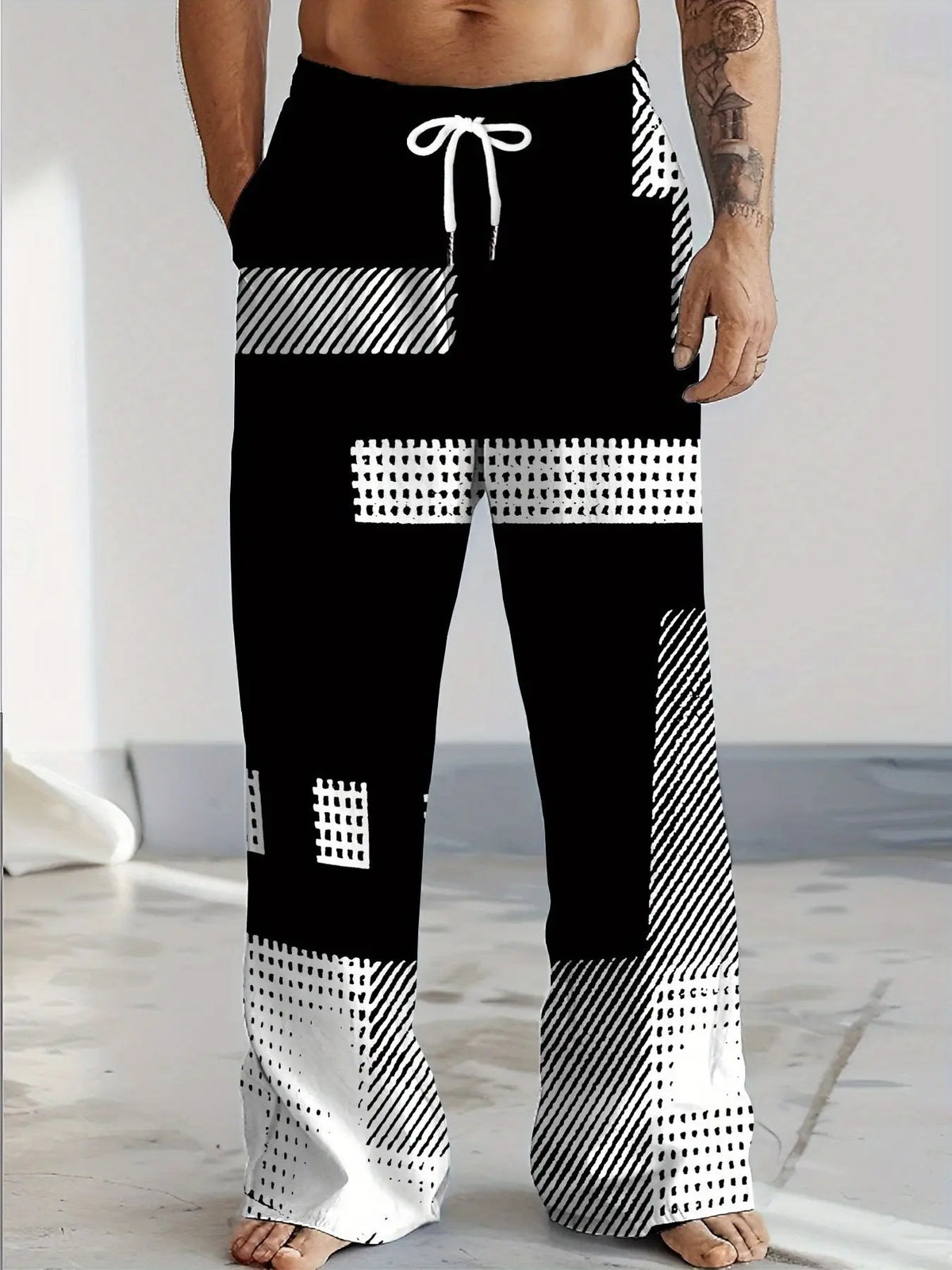 Men's Geometric Patchwork Casual Pants Summer Beach Vacation Loose Straight Trousers, Drawstring Waist Comfy Loungewear Kids