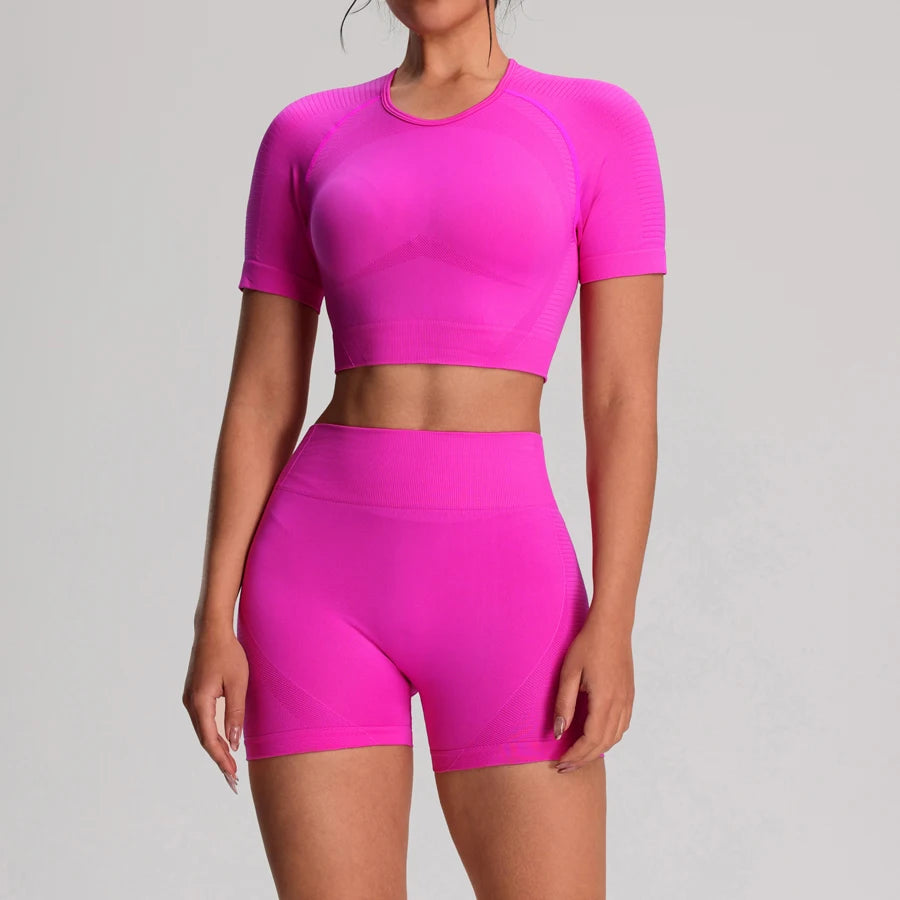 2pcs/sets Yoga Sport T-shirts Shorts Set Sportswear Woman Gym Seamless Workout Vest Shorts Leggings Activewear Women's Tracksuit