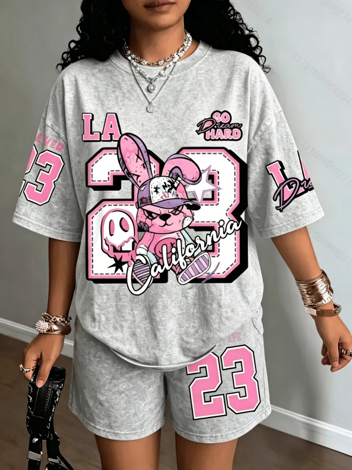 Street Casual Fashion Retro Trend Versatile 2026 Summer New Women's Short-Sleeved Short Pants Set with 3D Digital Pattern Print